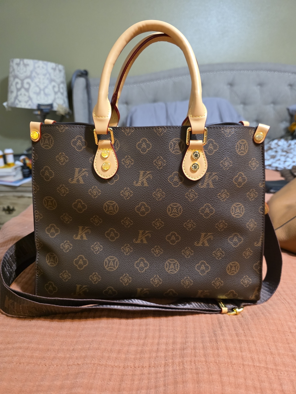 Brown Monogram Tote Bag with Tan Handles
